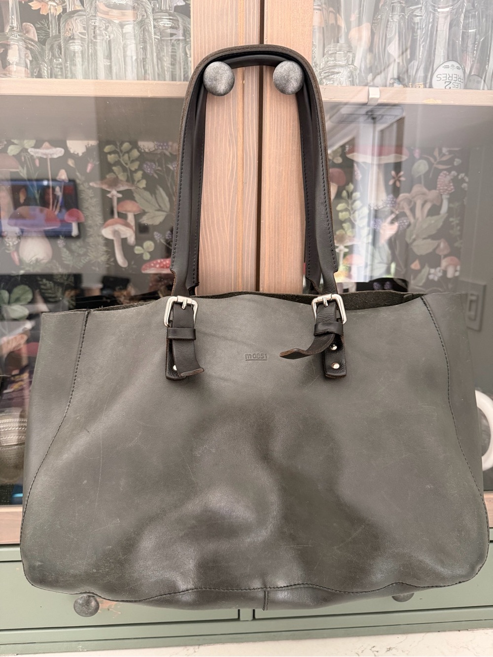 Moss Green Leather Tote with Buckle-Detail Straps